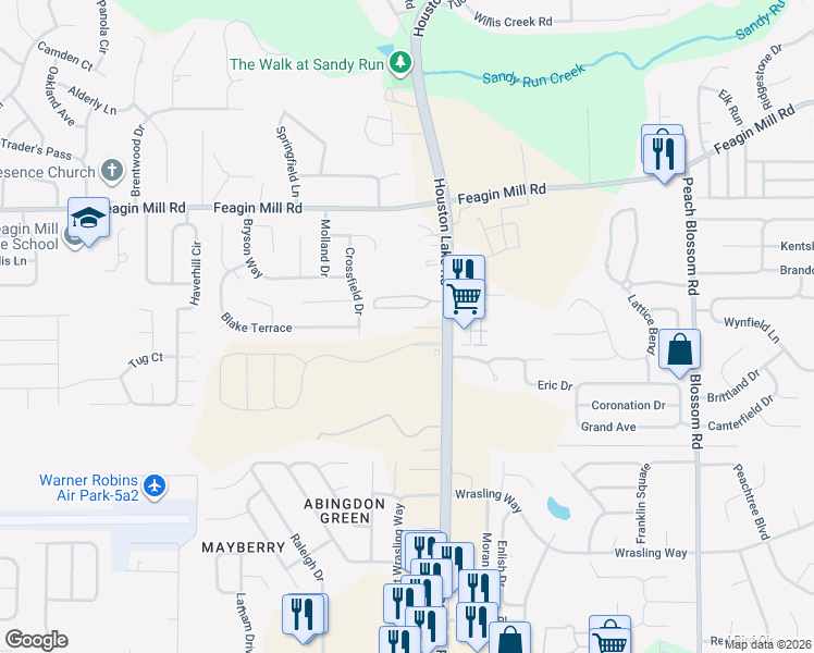 map of restaurants, bars, coffee shops, grocery stores, and more near 1237 South Houston Lake Road in Warner Robins