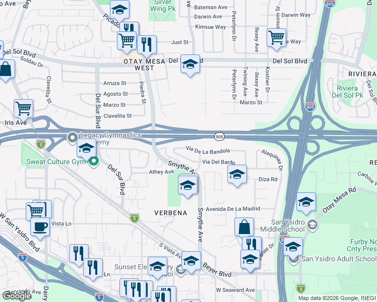 map of restaurants, bars, coffee shops, grocery stores, and more near 3793 Via Del Bardo in San Diego