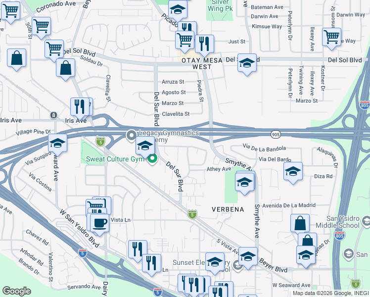 map of restaurants, bars, coffee shops, grocery stores, and more near 1630 Caithness Drive in San Diego