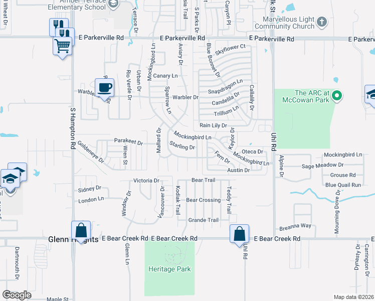 map of restaurants, bars, coffee shops, grocery stores, and more near 516 Starling Drive in DeSoto