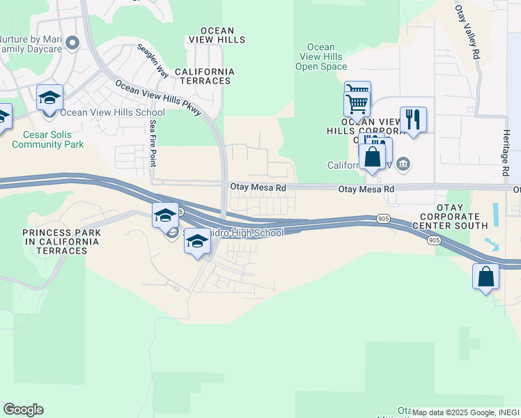 map of restaurants, bars, coffee shops, grocery stores, and more near Caliente Avenue in San Diego