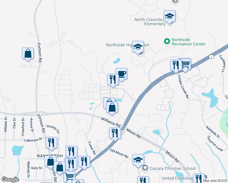map of restaurants, bars, coffee shops, grocery stores, and more near Dream Boat Drive in Columbus
