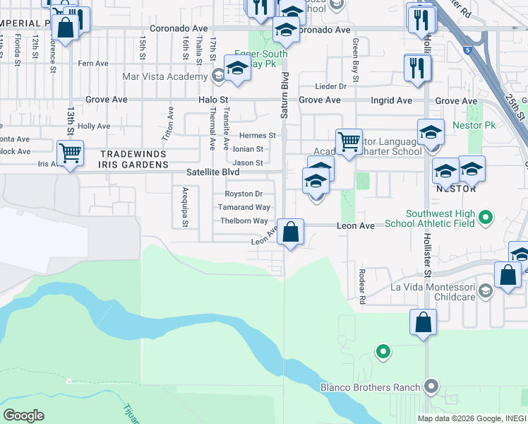 map of restaurants, bars, coffee shops, grocery stores, and more near 1831 Thelborn Way in San Diego