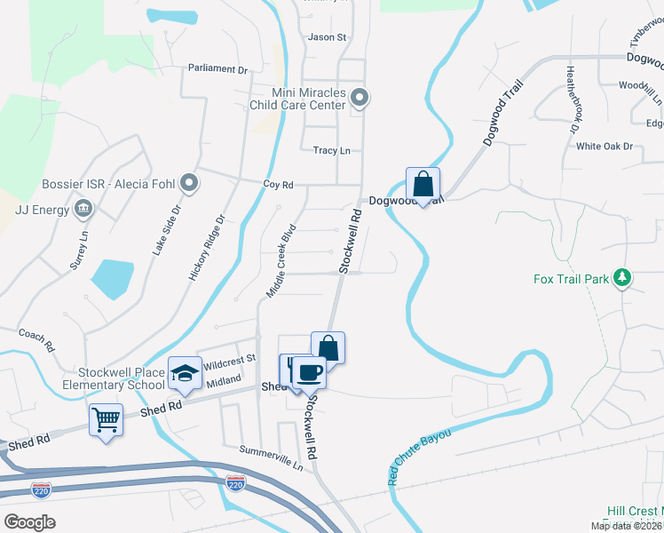 map of restaurants, bars, coffee shops, grocery stores, and more near 6016 Ellington Way in Bossier City