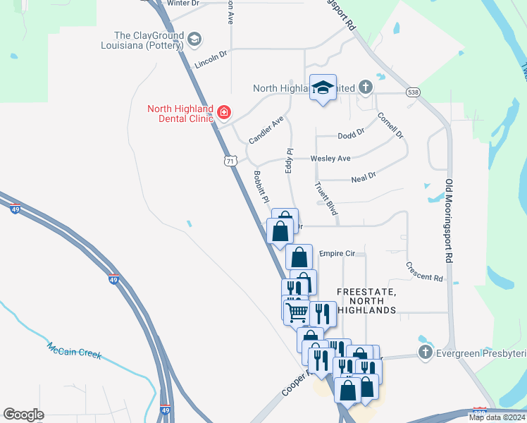map of restaurants, bars, coffee shops, grocery stores, and more near 3707 Bobbitt Place in Shreveport