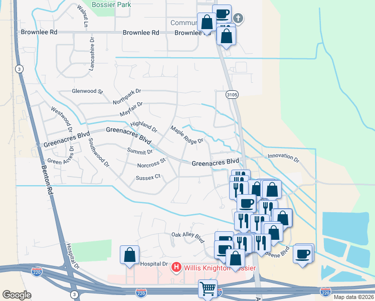 map of restaurants, bars, coffee shops, grocery stores, and more near 347 Greenacres Boulevard in Bossier City