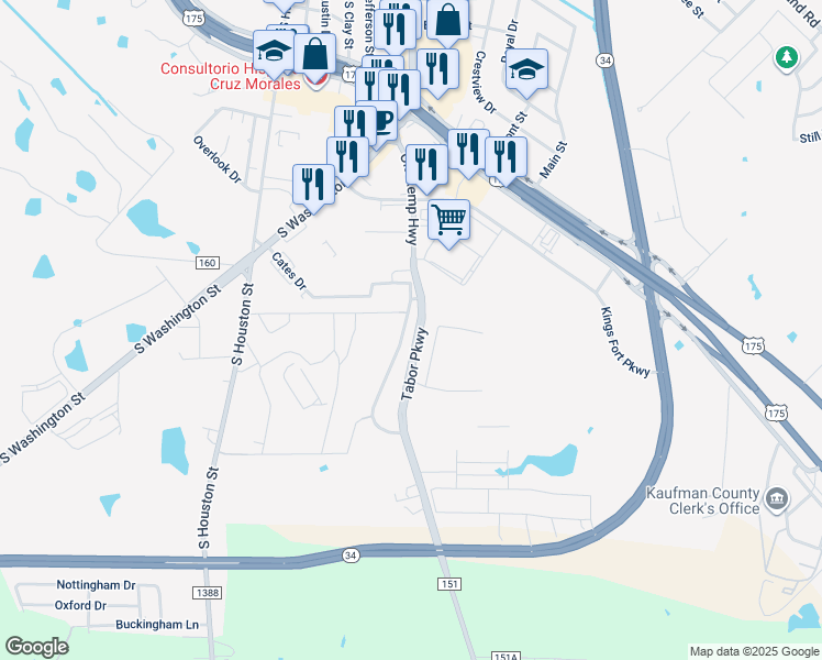 map of restaurants, bars, coffee shops, grocery stores, and more near 4827 County Road 151 in Kaufman