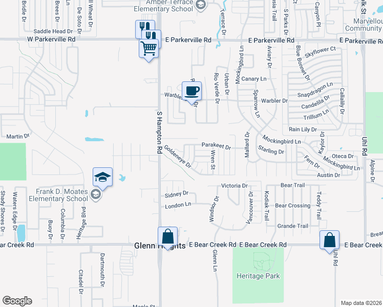 map of restaurants, bars, coffee shops, grocery stores, and more near 1501 Waterthrush Court in DeSoto
