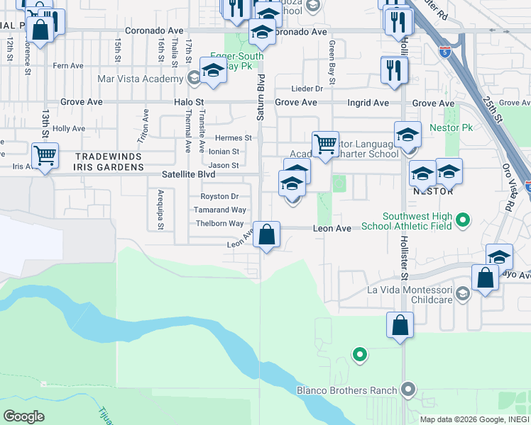 map of restaurants, bars, coffee shops, grocery stores, and more near 1643 Standlake Street in San Diego