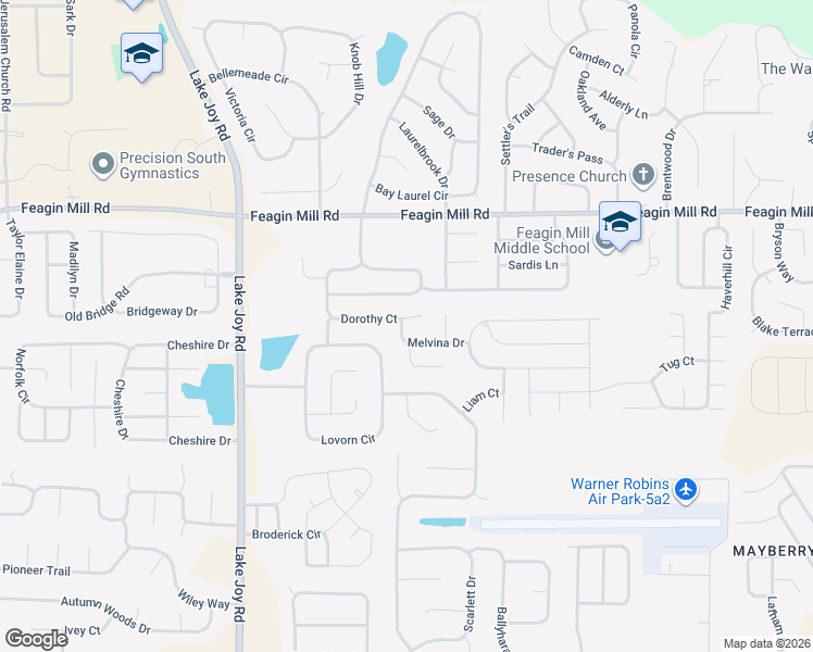 map of restaurants, bars, coffee shops, grocery stores, and more near 105 Melvina Drive in Warner Robins
