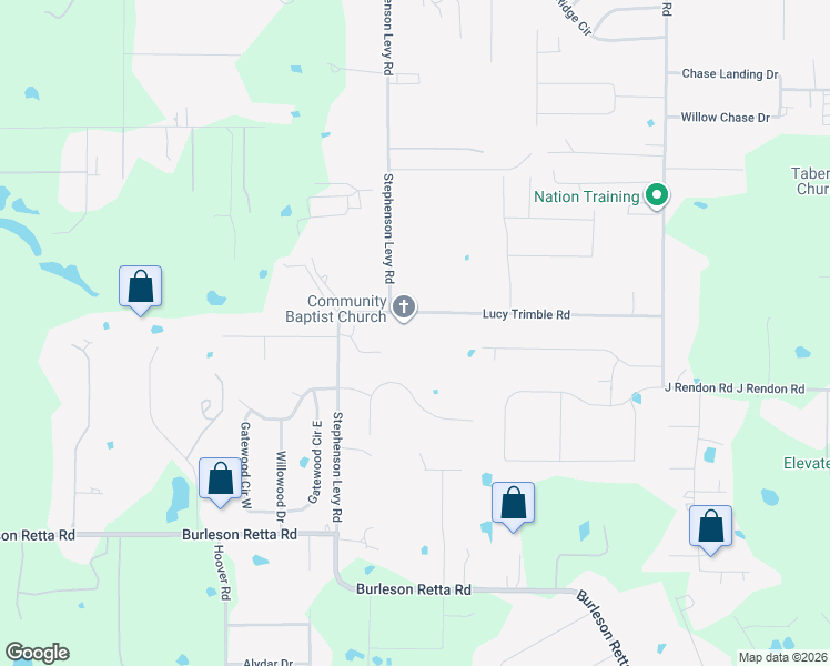map of restaurants, bars, coffee shops, grocery stores, and more near 3524 Lucy Trimble Road in Burleson