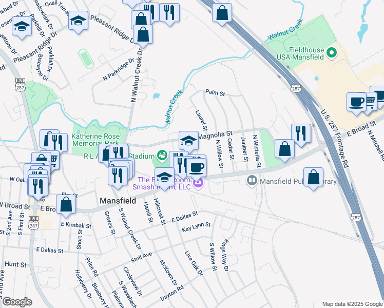 map of restaurants, bars, coffee shops, grocery stores, and more near 1050 Magnolia Street in Mansfield