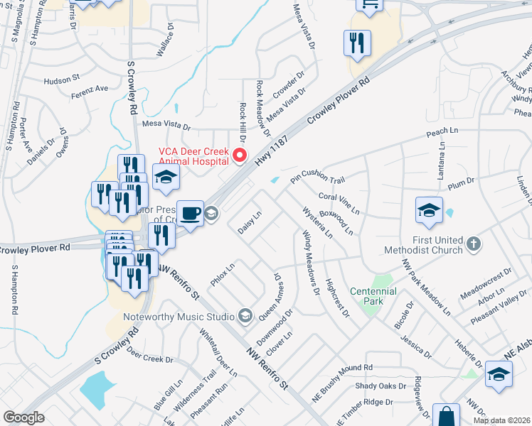 map of restaurants, bars, coffee shops, grocery stores, and more near 336 Daisy Lane in Burleson