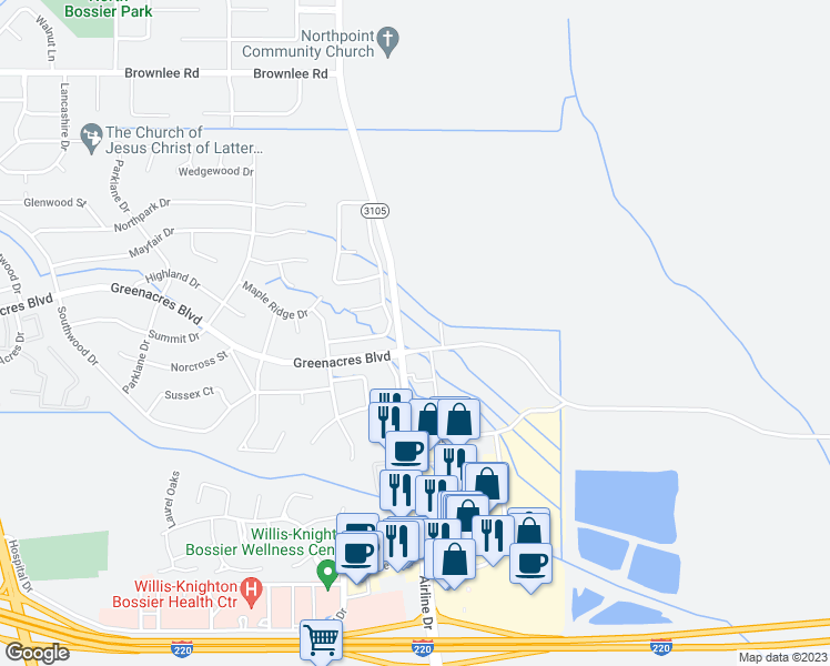 map of restaurants, bars, coffee shops, grocery stores, and more near 3452 Airline Drive in Bossier City
