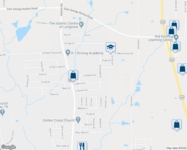 map of restaurants, bars, coffee shops, grocery stores, and more near 216 Locklear Avenue in Longview