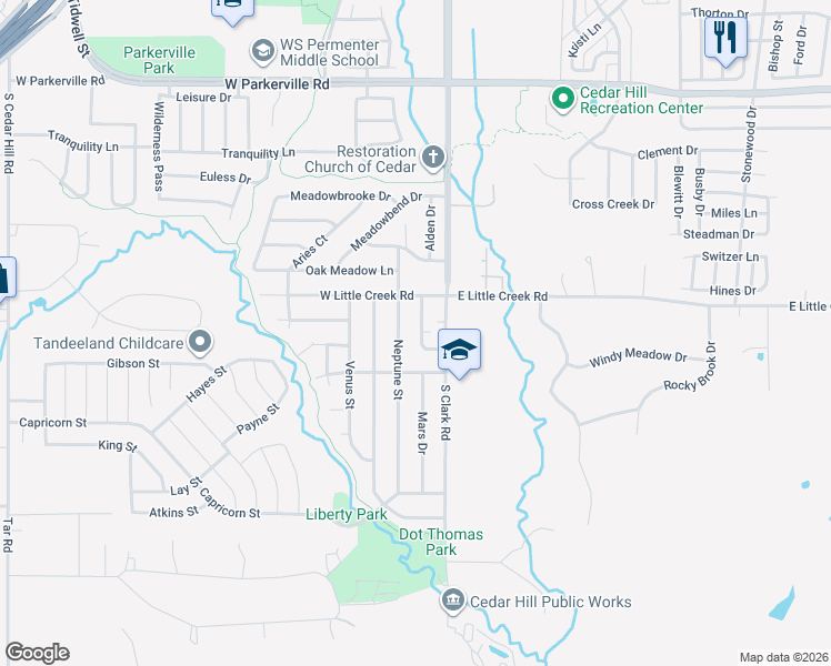 map of restaurants, bars, coffee shops, grocery stores, and more near 1124 Suburban Street in Cedar Hill