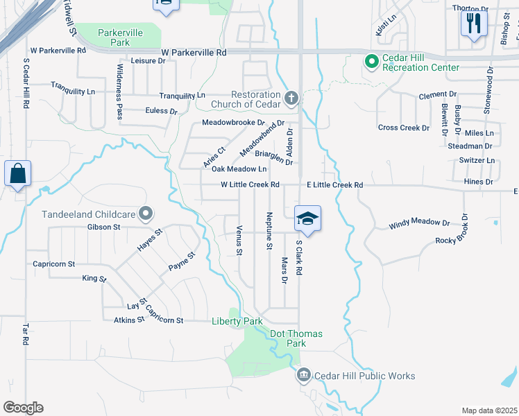 map of restaurants, bars, coffee shops, grocery stores, and more near 1121 Saturn Drive in Cedar Hill