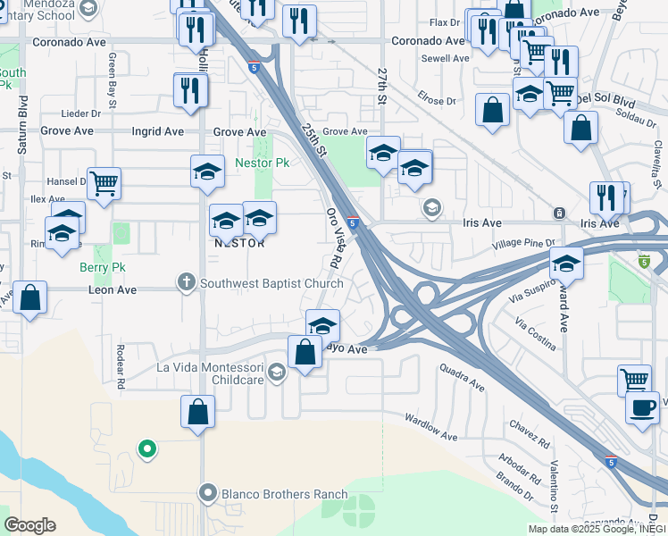 map of restaurants, bars, coffee shops, grocery stores, and more near 1587 Oro Vista Road in San Diego