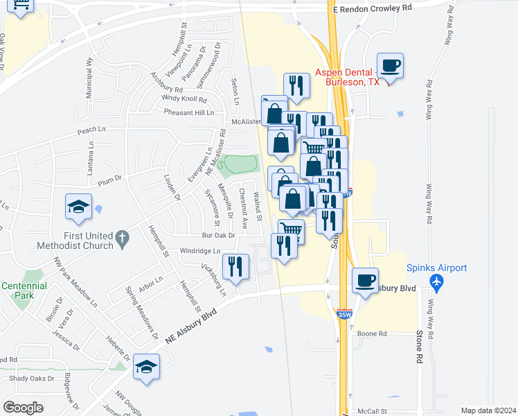 map of restaurants, bars, coffee shops, grocery stores, and more near 921 Walnut Street in Burleson