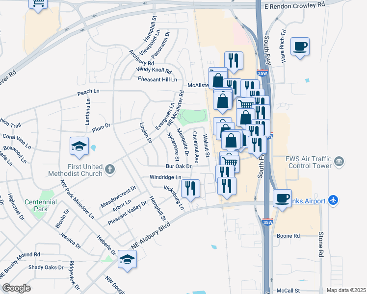 map of restaurants, bars, coffee shops, grocery stores, and more near 901 Mesquite Drive in Burleson