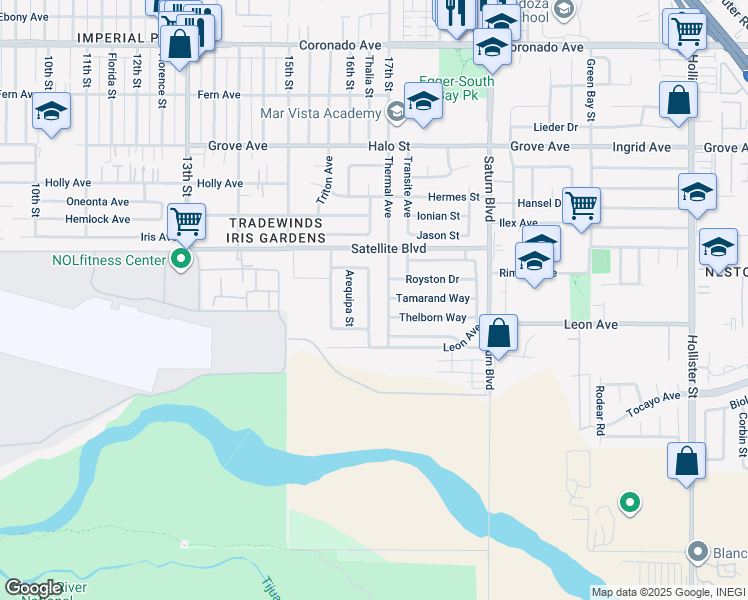 map of restaurants, bars, coffee shops, grocery stores, and more near 1607 Bubbling Well Drive in San Diego