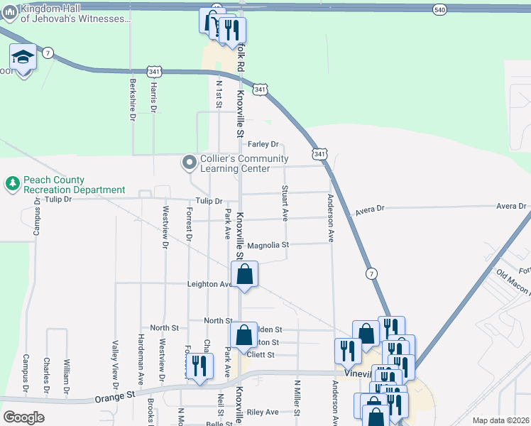 map of restaurants, bars, coffee shops, grocery stores, and more near 409 Schley Street in Fort Valley