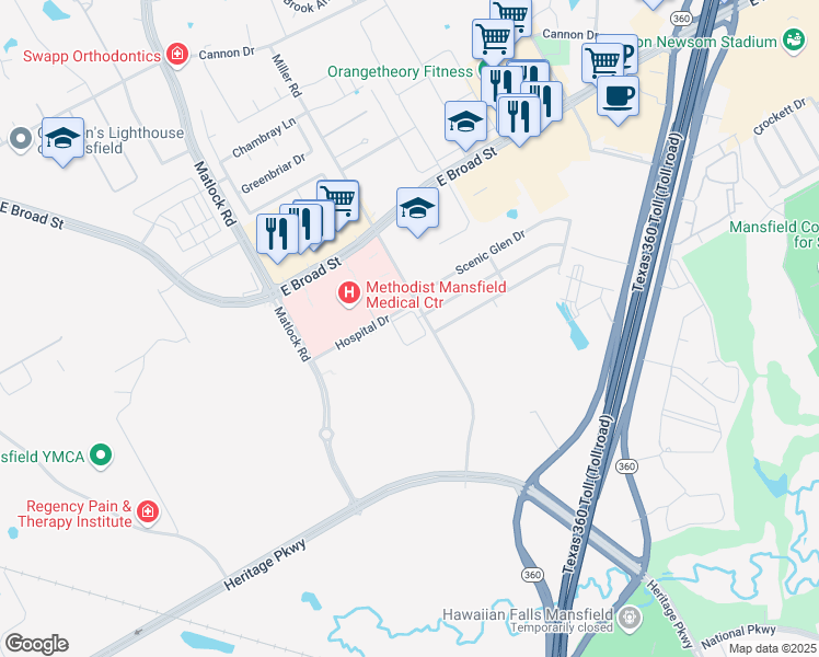 map of restaurants, bars, coffee shops, grocery stores, and more near 301 Miller Road in Mansfield