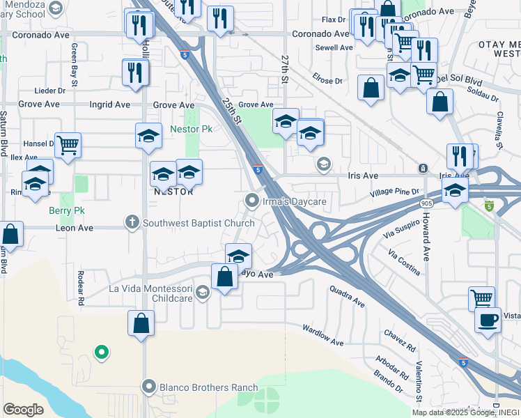 map of restaurants, bars, coffee shops, grocery stores, and more near 1587 Oro Vista Road in San Diego
