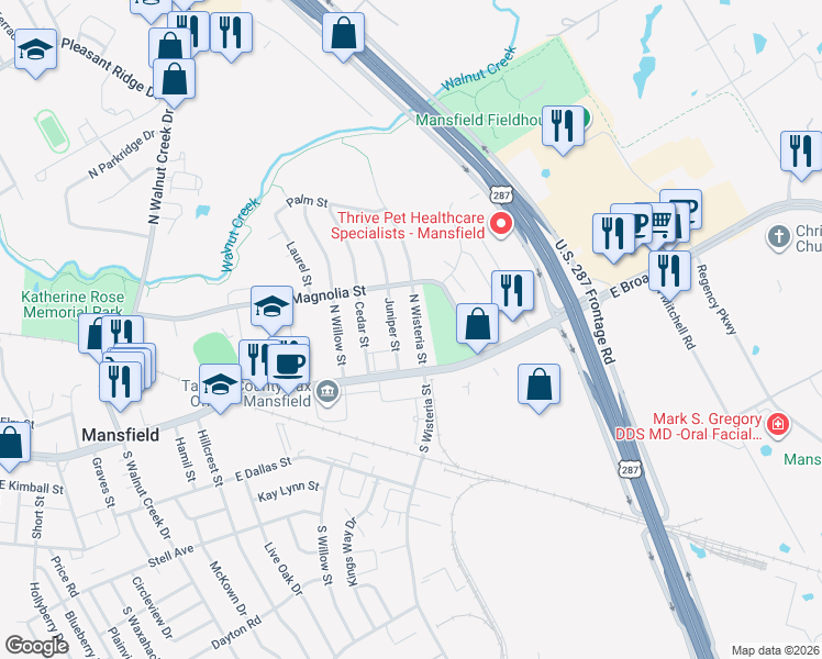map of restaurants, bars, coffee shops, grocery stores, and more near 116 North Wisteria Street in Mansfield