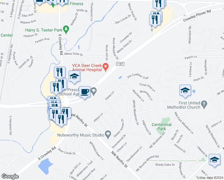 map of restaurants, bars, coffee shops, grocery stores, and more near 333 Daisy Lane in Burleson