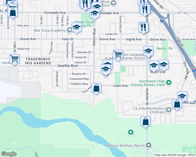 map of restaurants, bars, coffee shops, grocery stores, and more near 1541 Rimbey Avenue in San Diego