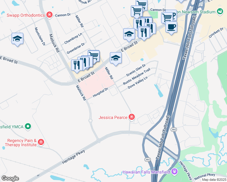 map of restaurants, bars, coffee shops, grocery stores, and more near 301 Miller Road in Mansfield
