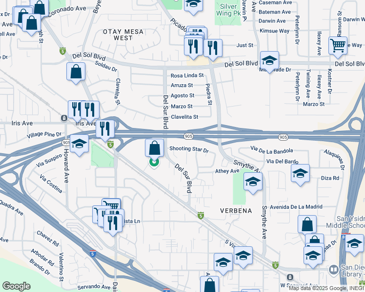 map of restaurants, bars, coffee shops, grocery stores, and more near 3648 Shooting Star Drive in San Diego