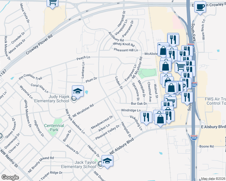 map of restaurants, bars, coffee shops, grocery stores, and more near 716 Evergreen Court in Burleson