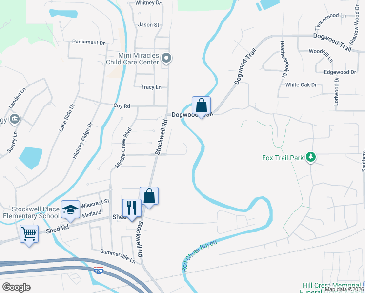 map of restaurants, bars, coffee shops, grocery stores, and more near 6038 Braeburn Court in Bossier City