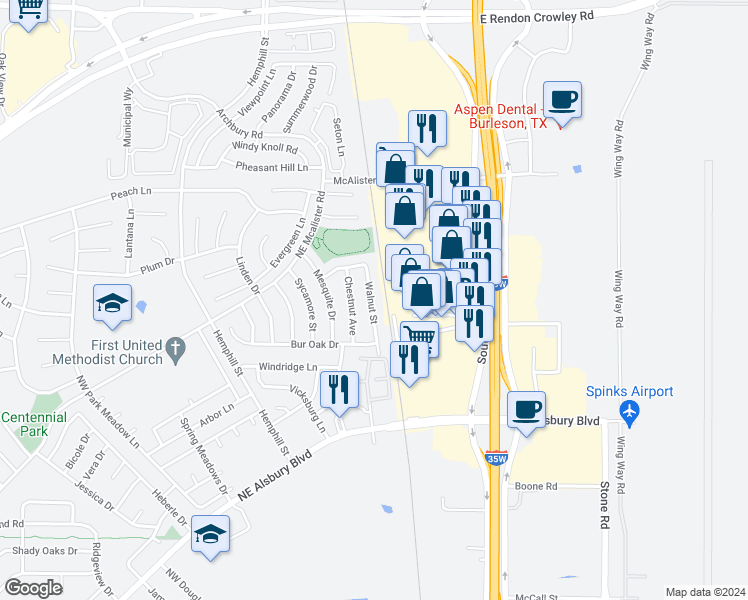 map of restaurants, bars, coffee shops, grocery stores, and more near 906 Walnut Street in Burleson