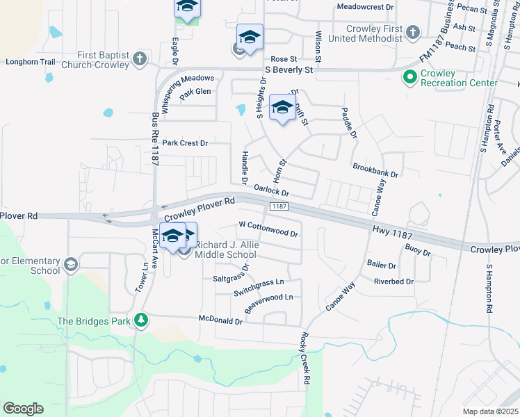 map of restaurants, bars, coffee shops, grocery stores, and more near 1204 Maplewood Drive in Crowley