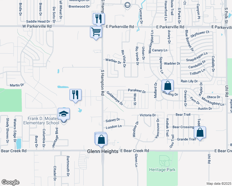 map of restaurants, bars, coffee shops, grocery stores, and more near 201 Parakeet Drive in DeSoto