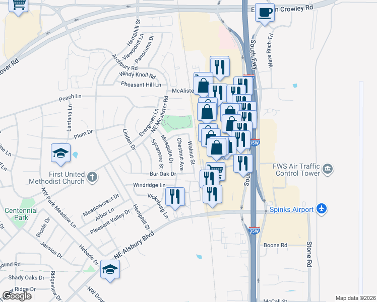 map of restaurants, bars, coffee shops, grocery stores, and more near 921 Walnut Street in Burleson