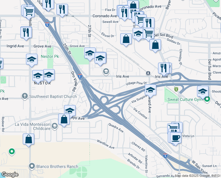 map of restaurants, bars, coffee shops, grocery stores, and more near 1560 Monterey Pine Drive in San Diego