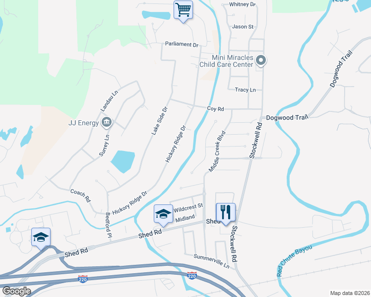 map of restaurants, bars, coffee shops, grocery stores, and more near 2206 Hickory Ridge Drive in Bossier City