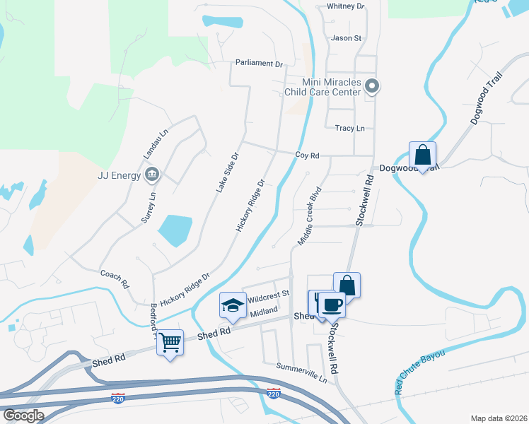 map of restaurants, bars, coffee shops, grocery stores, and more near 2206 Hickory Ridge Drive in Bossier City