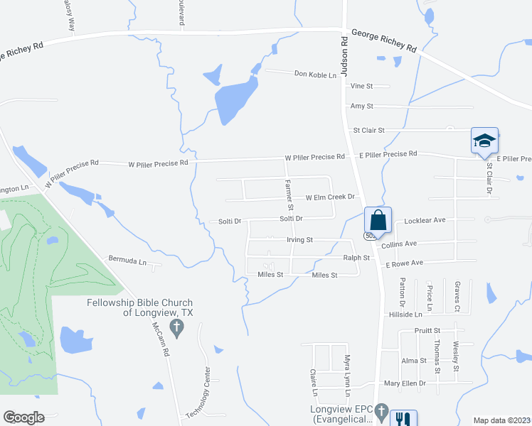 map of restaurants, bars, coffee shops, grocery stores, and more near 309 Solti Street in Longview