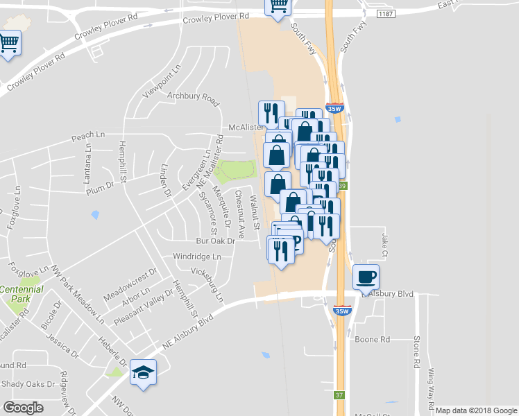 map of restaurants, bars, coffee shops, grocery stores, and more near 908 Walnut Street in Burleson