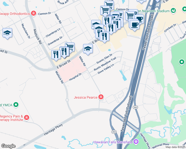 map of restaurants, bars, coffee shops, grocery stores, and more near 3003 Dove Valley Lane in Mansfield