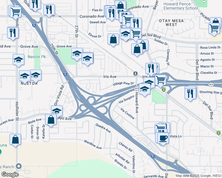 map of restaurants, bars, coffee shops, grocery stores, and more near 2935 Village Pine Drive in San Diego