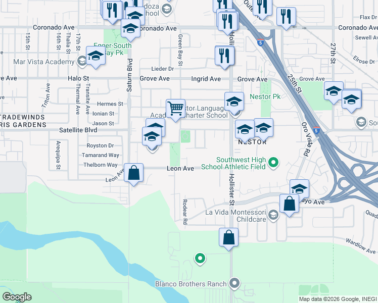 map of restaurants, bars, coffee shops, grocery stores, and more near 1575 Oakden Drive in San Diego