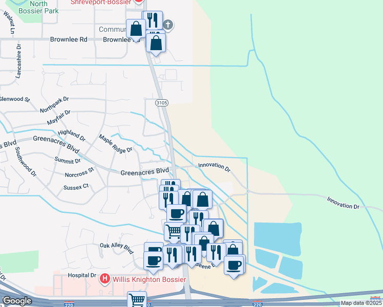 map of restaurants, bars, coffee shops, grocery stores, and more near 3452 Airline Drive in Bossier City