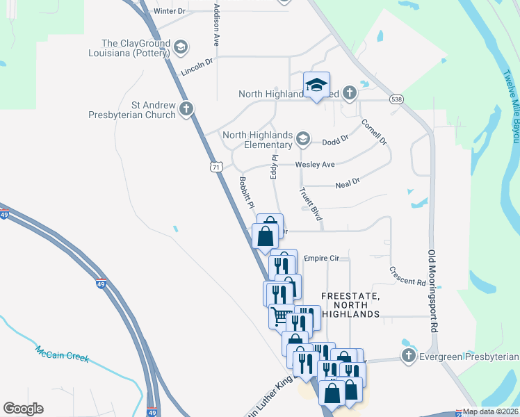 map of restaurants, bars, coffee shops, grocery stores, and more near 3724 Bobbitt Place in Shreveport