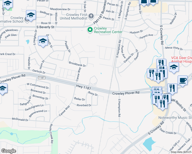 map of restaurants, bars, coffee shops, grocery stores, and more near 301 Farm to Market Road 1187 in Crowley